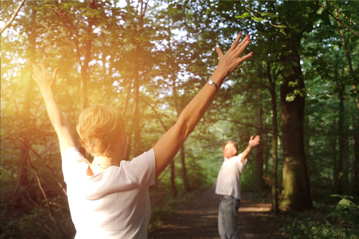 Two individuals raising their arms amidst a sunlit forest, expressing enjoyment or freedom through nature therapy.