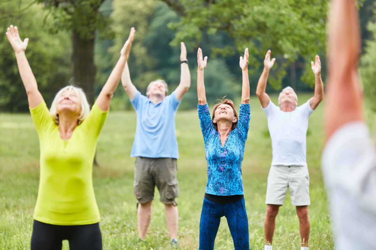 A group of senior adults participating in a nature retreat's outdoor stretching or exercise class.