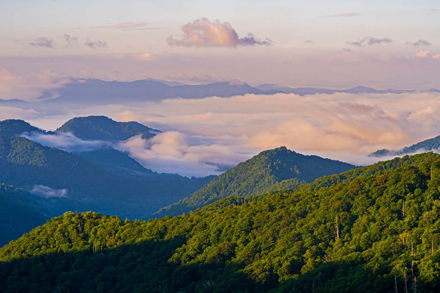 Scenic view of mountain peaks and valleys covered in clouds during sunrise, with warm sunlight illuminating the landscape, showcasing popular local attractions.