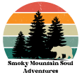 Graphic of a bear and pine trees against a backdrop of a colorful, striped circle representing sunset experiences.