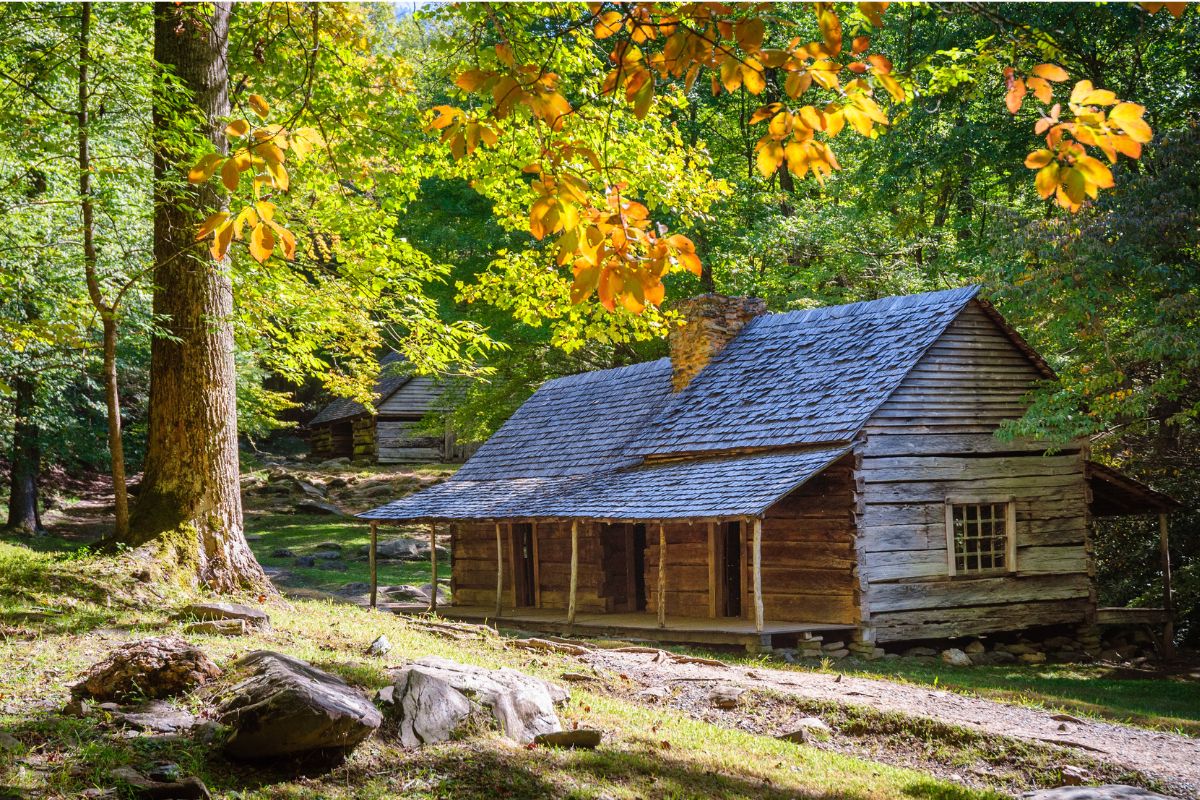 A rustic wooden cabin with a stone chimney stands in a forest clearing surrounded by trees with autumn foliage, reminiscent of the charming retreats for activities in the Great Smoky Mountains. Another structure is partially visible in the background.