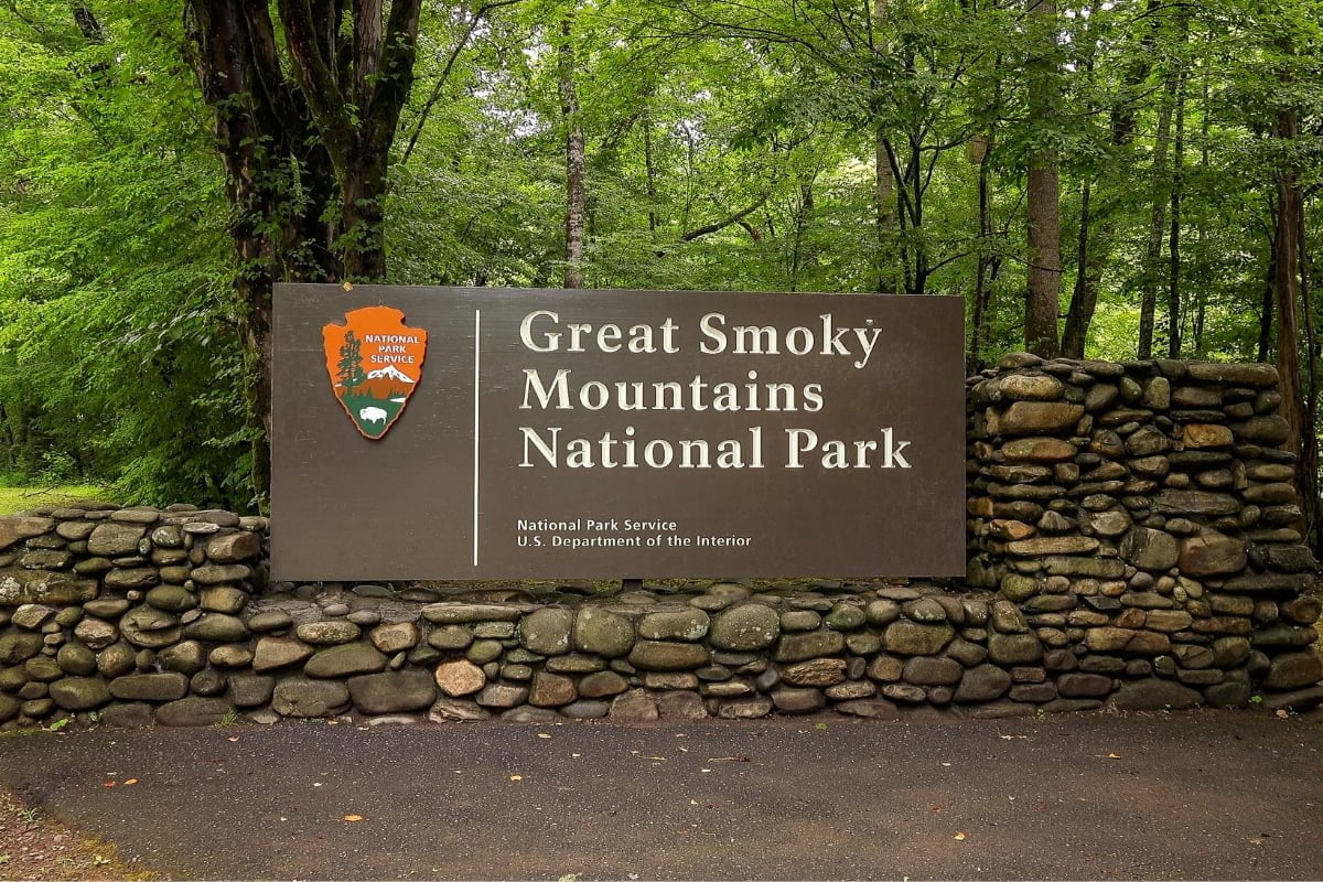 A stone sign at the entrance of Great Smoky Mountains National Park, surrounded by dense green foliage, reads "Great Smoky Mountains National Park." It features logos for the National Park Service and U.S. Department of the Interior, highlighting ongoing wildlife conservation efforts.