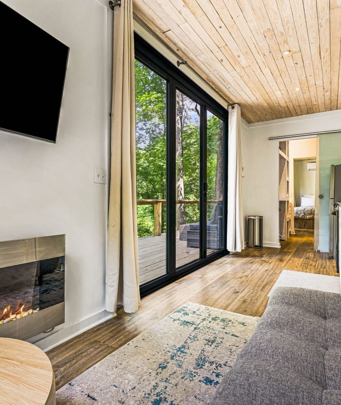 Compact living room with a sofa, wall-mounted TV, and fireplace, leading to a balcony with forest view through large glass doors. Small kitchen area visible on the right. Light wood ceiling and floor.