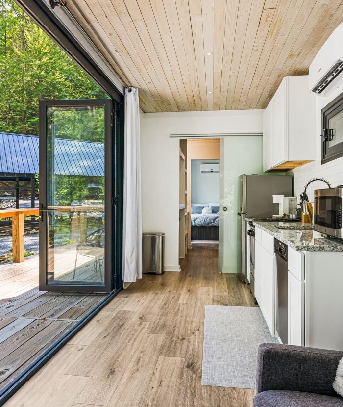 Modern open-plan cabin interior with kitchenette, living area, and sliding glass doors leading to an outdoor deck. A bedroom is visible through an open door. Light wood flooring and ceiling.