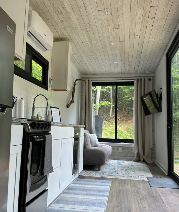 Interior of our Elevation Eco-Villa featuring a kitchen with stainless steel appliances and a living area with large windows overlooking a forest.